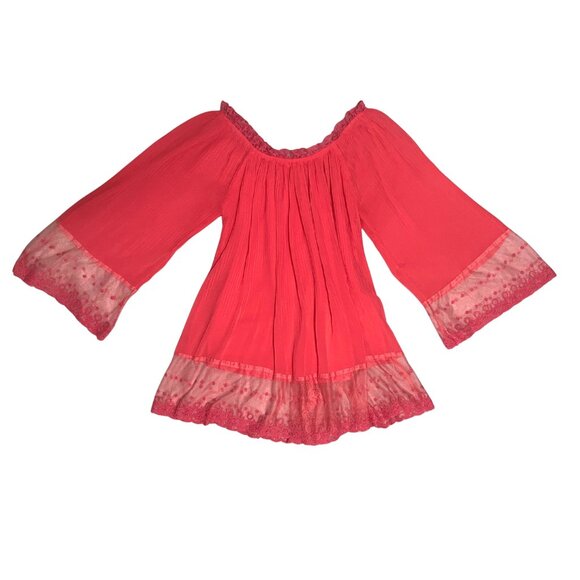 Solitaire Red Lace Boho Peasant Blouse Women’s Sz S Tunic 3/4 Sleeve Tassel Tie - Picture 10 of 11